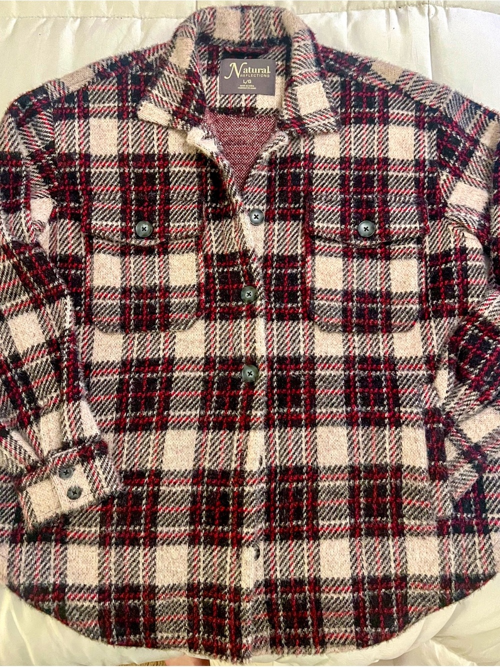 Natural Reflections Cozy Plaid Button-Up Shacket / Shirt Jacket - Cream & Red